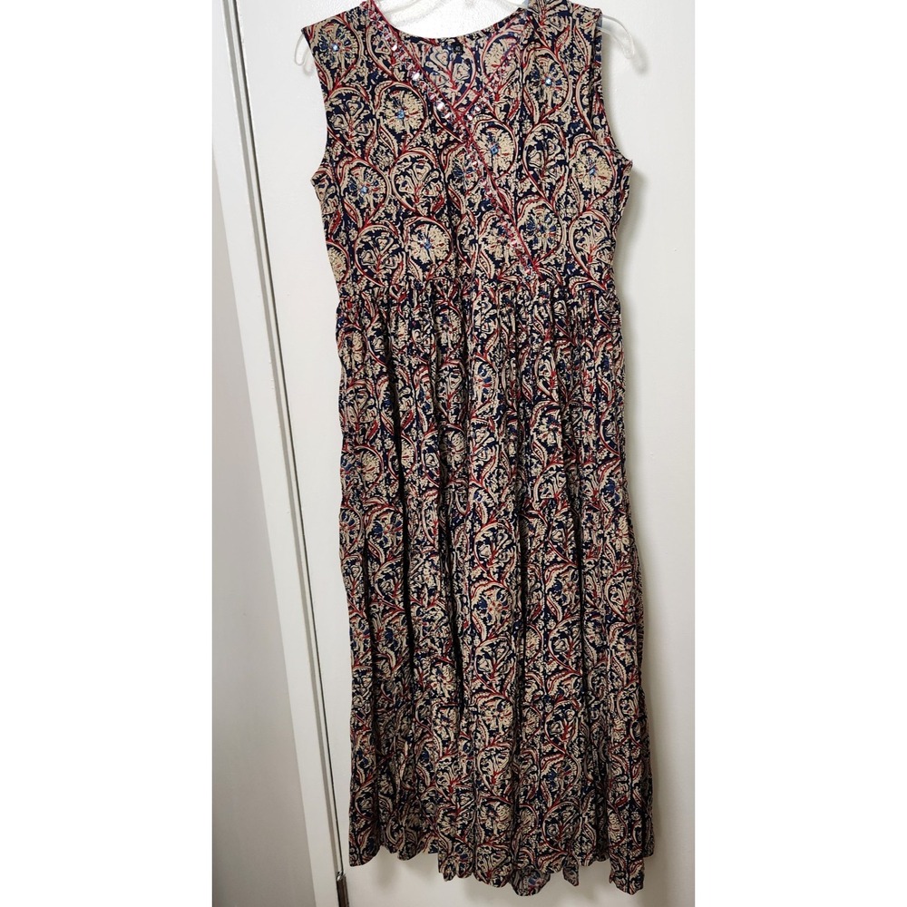 Embellished Faux Wrap Sleeveless Tiered Ruffled Maxi Dress Blue Beige Medium